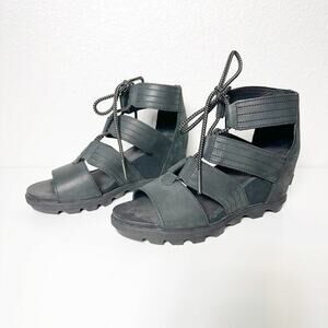 Sorel Womens Joanie II Lace Up Gladiator Wedge Sandals‎ in Black Size 8.5